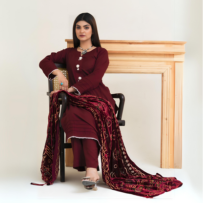 (Maroon) 3 Pc Dhanak Shirt & Plazo with Palachi Shawl | Winter Collection | Rangz