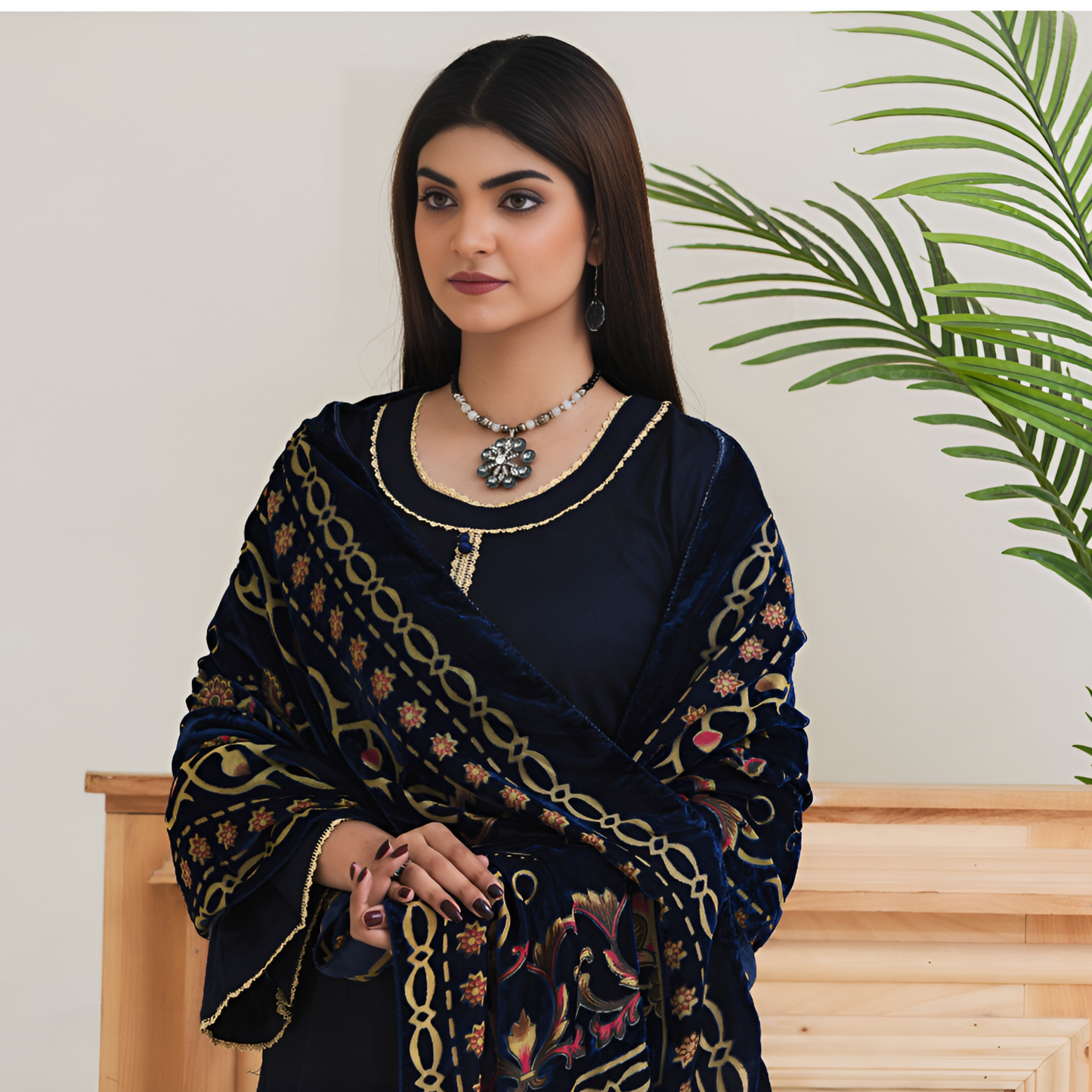 (Dark Blue) 3 Pc Dhanak Shirt & Plazo with Palachi Shawl | Winter Collection | Rangz