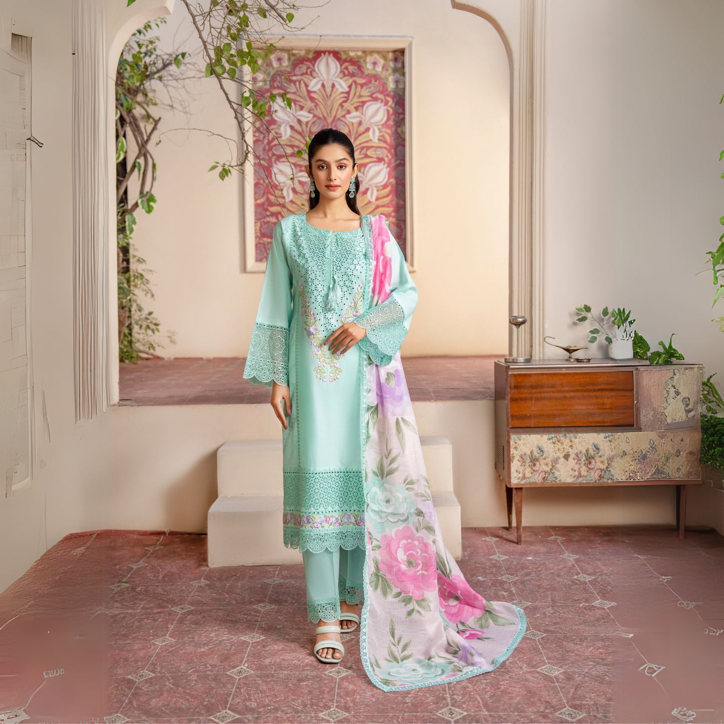 UKC-25 Embroidered Chikenkari Cambric Cotton Ready to Wear 3 Pc - Karma Collection