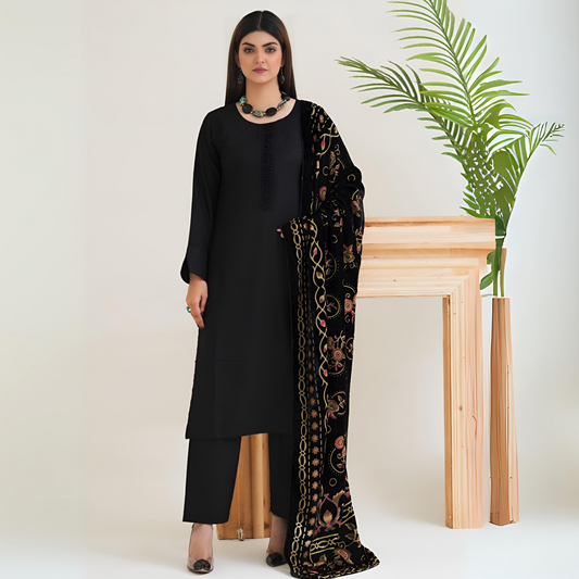(Black) 3 Pc Dhanak Shirt & Plazo with Palachi Shawl | Winter Collection | Rangz