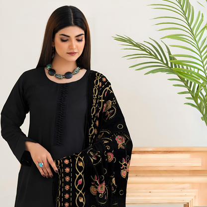 (Black) 3 Pc Dhanak Shirt & Plazo with Palachi Shawl | Winter Collection | Rangz