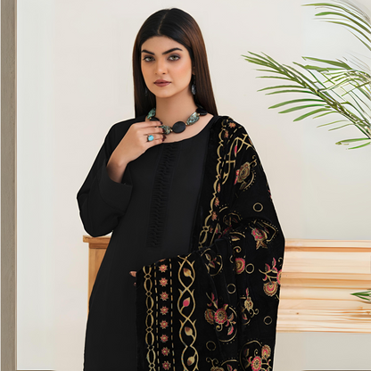 (Black) 3 Pc Dhanak Shirt & Plazo with Palachi Shawl | Winter Collection | Rangz