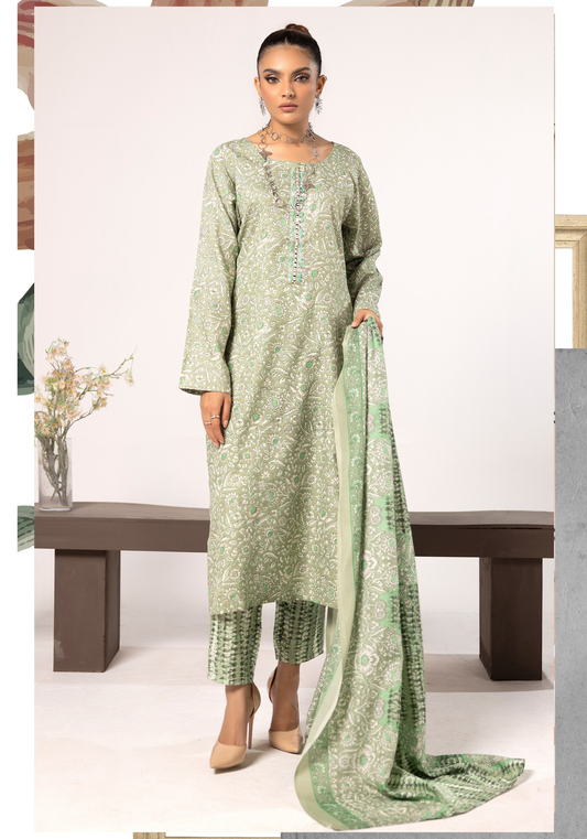 Thistle Green| Printed Linen Shalwar Kameez & Dupatta | 3 Pc | Ready-to-wear | Simrans