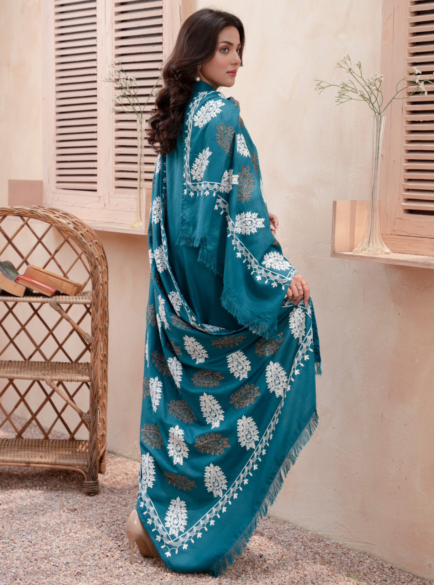 (Deep Aqua Blue) 3 Pc Dhanak Dress with Embroidered Wool Shawl Dupatta | Winter Wear | RANIYA.H