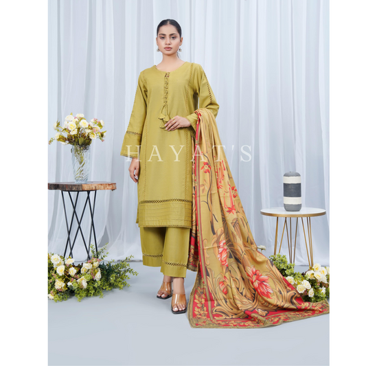 (Olive Green) Khaddar Dress with Shawl |3 Pc| Winter Collection | Hayats