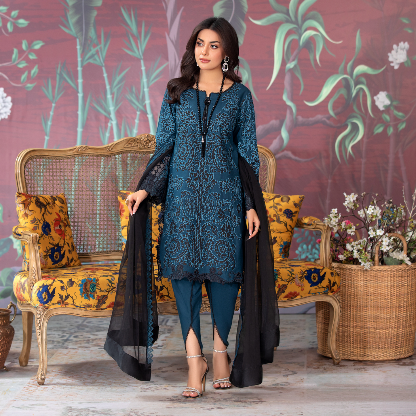 (Blue) 3 Pc Embroidered Dhanak Pakistani Dress With Chiffon Dupatta  | Winter Wear | Heera's