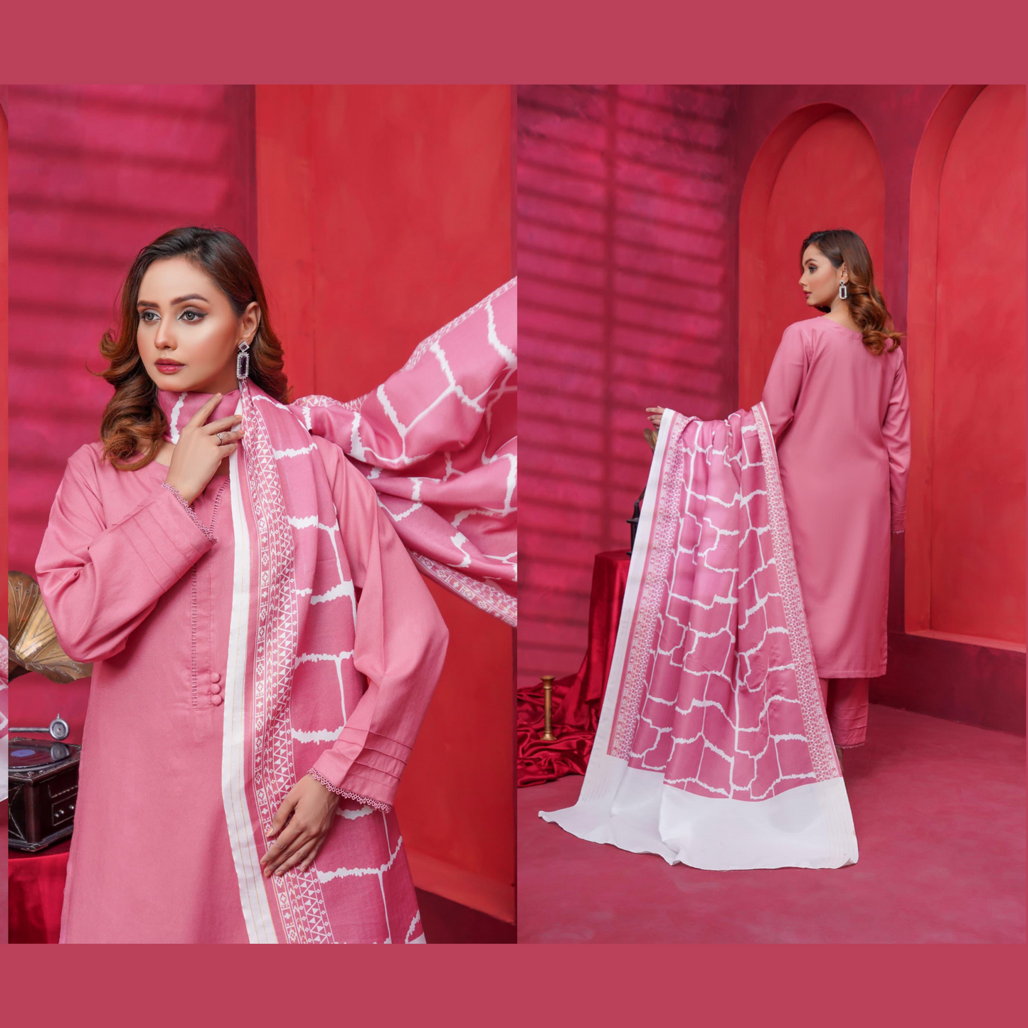 (Pink) Dhanak Dress with Wool Shawl |3 Pc| Winter Collection | Hayats
