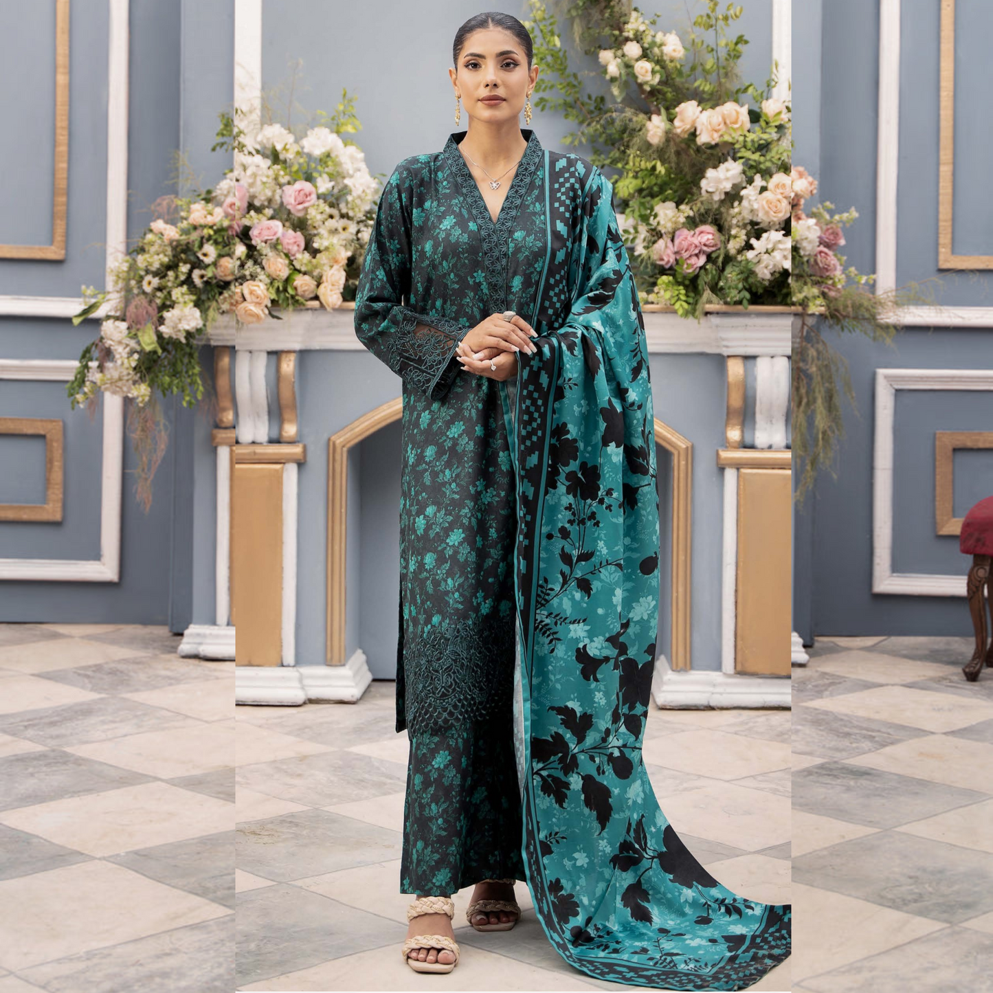 (Black & Sea Green) Embroidered Printed Dhanak Dress with Dhanak Shawl | Winter Collection | Raniya.h