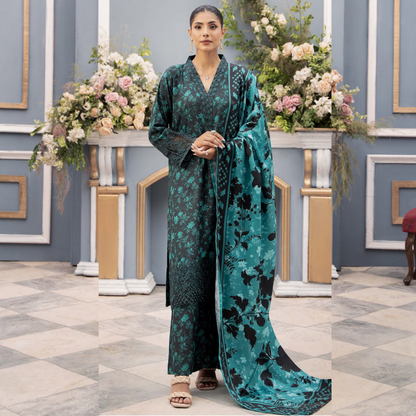 (Black & Sea Green) Embroidered Printed Dhanak Dress with Dhanak Shawl | Winter Collection | Raniya.h