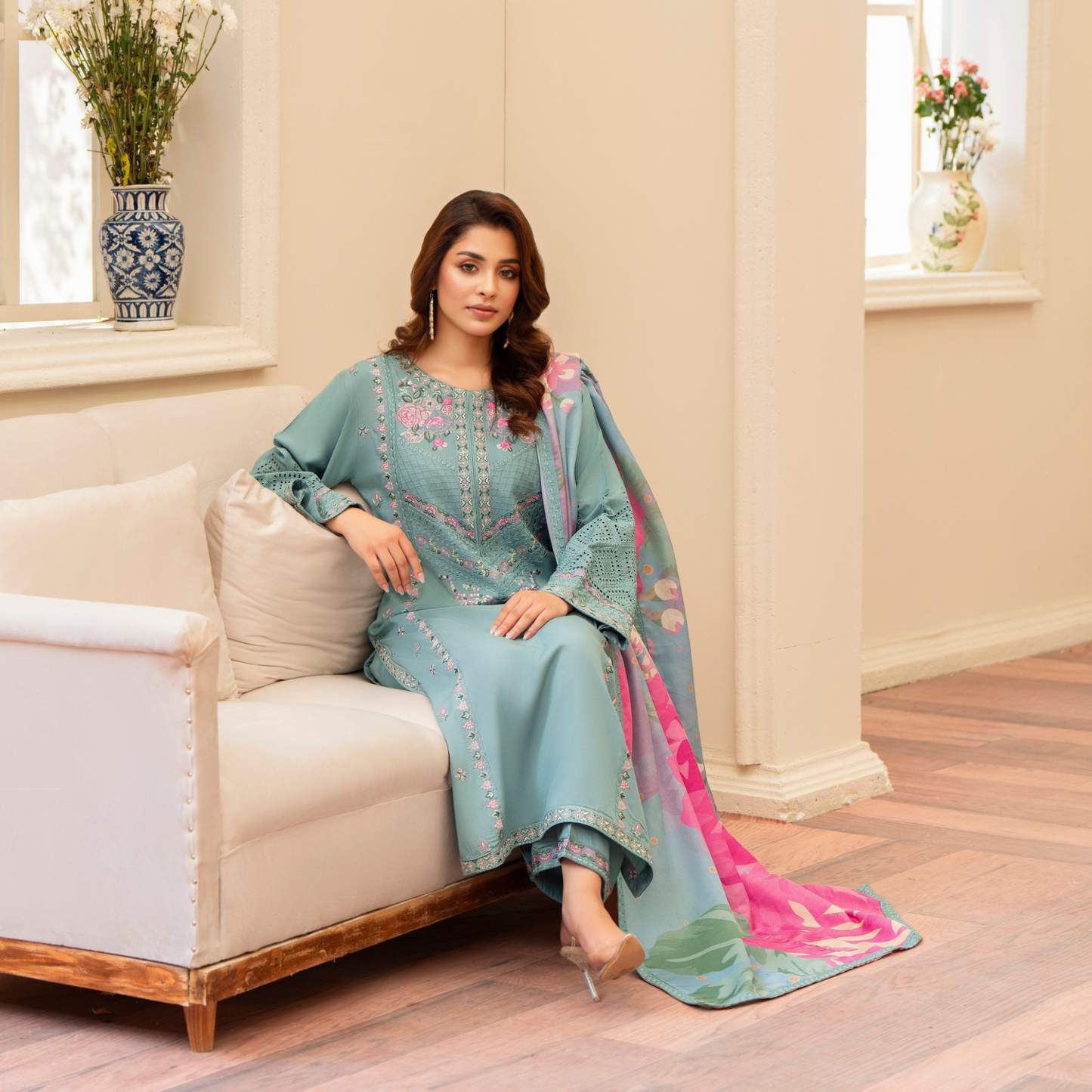 (SEA GREEN) 3 Pc Ready to Wear Embroidered Printed Collection | Karma Collection | UMKC0802