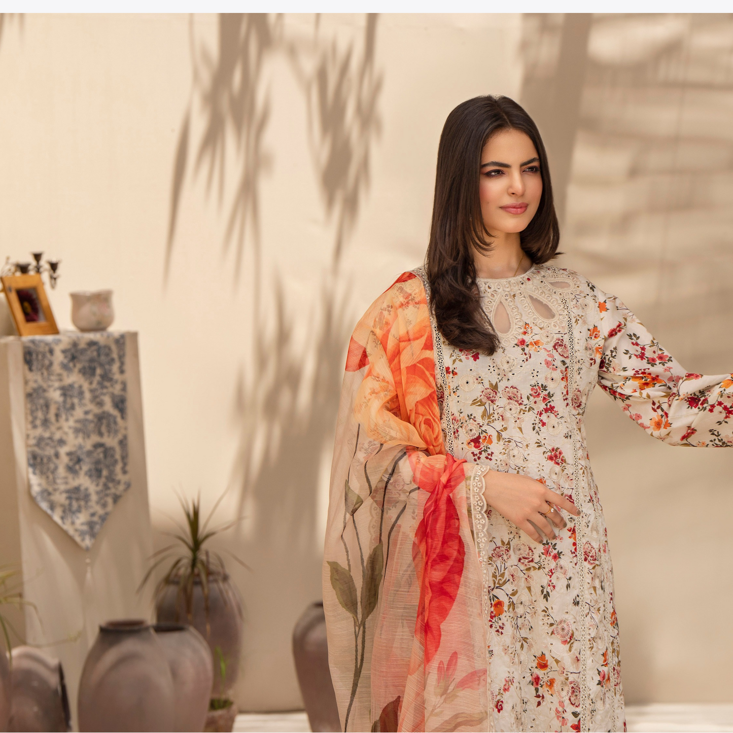 Multi floral Print Cotrai dhanak with pasmina wool shawl 3 Pc - Karma Collection | UMKC0601