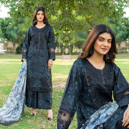 Winter Linen Printed Handwork Embroidered Dress 3 Pc |Ready to Wear| Rangz | UMRGZ3700