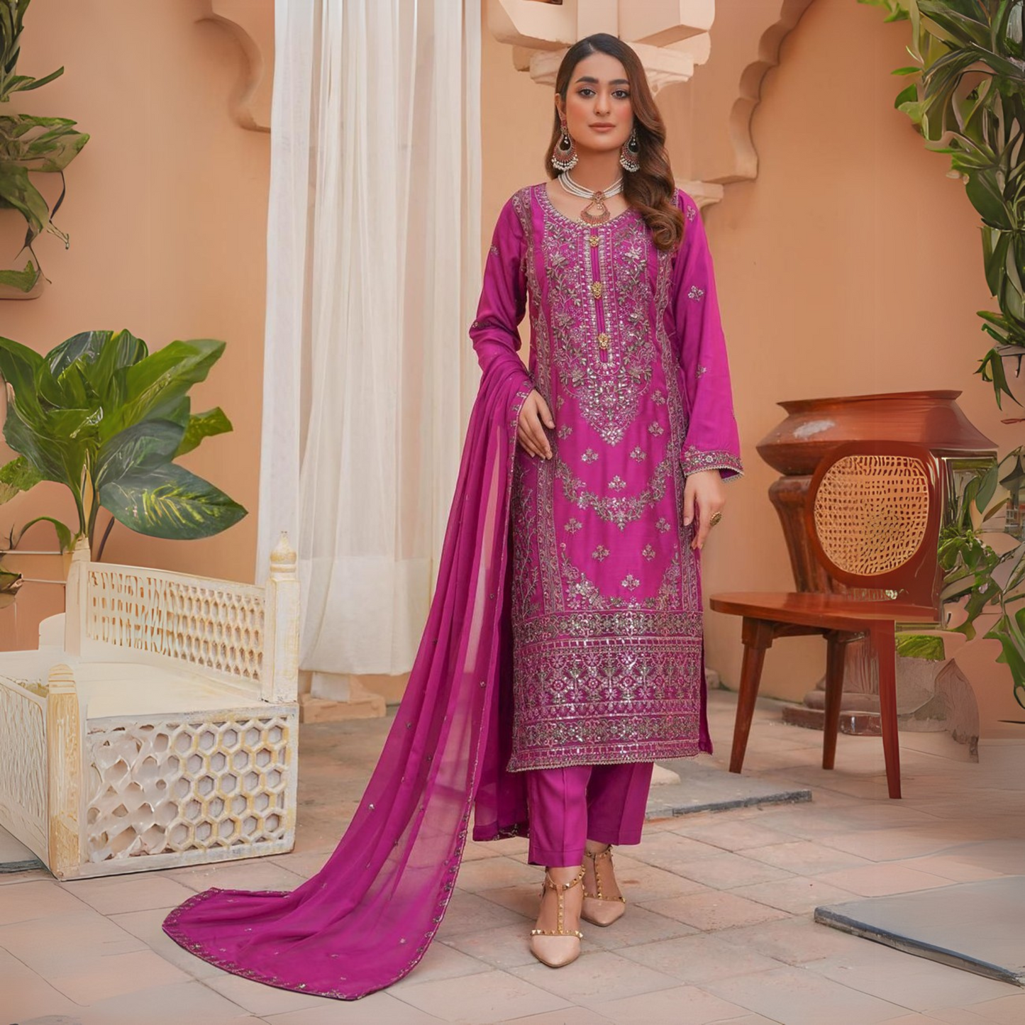 Luxury Embroidered Viscose Linen Dress 3 Pc | Winter Collection | Umnaa