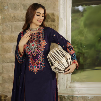 3 Pc Embroidered Linen Dress With Chiffon Dupatta | UMNAA