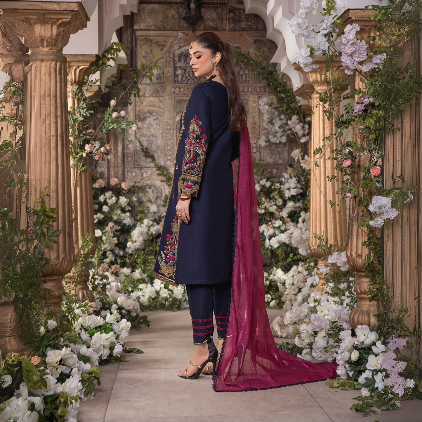 (Navy) 3 Pc Embroidered Cambric Cotton Ready to Wear Dress | Eid Wear | Heera's