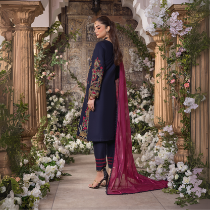 (Navy) 3 Pc Embroidered Cambric Cotton Ready to Wear Dress | Eid Wear | Heera's
