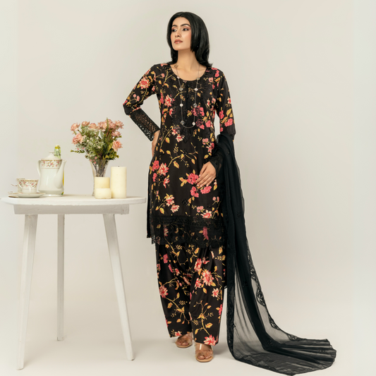 UMS-10 Floral Printed Embroidered Linen | 3 Pc | Ready-to-wear Dress - Simrans