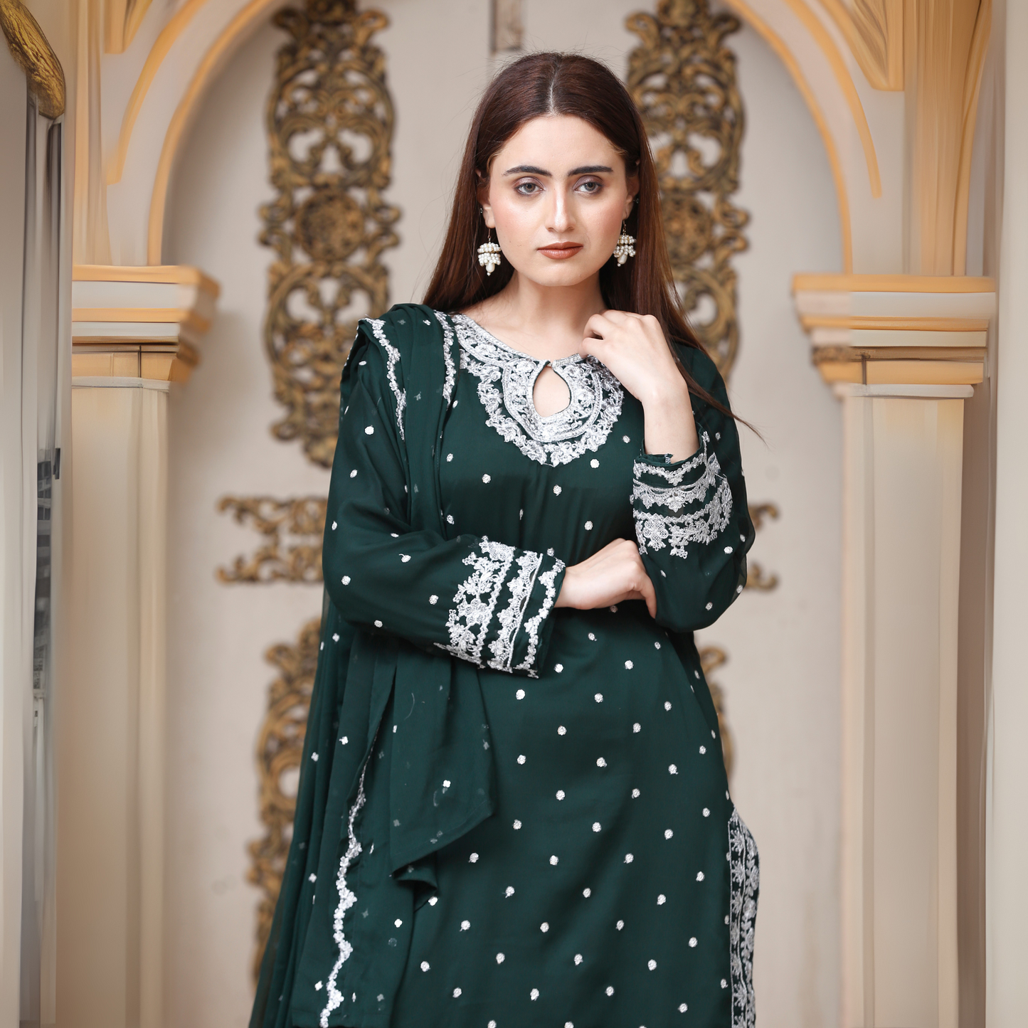 UA-54 3Pc Luxury Embroidered Chiffon Dress with Chiffon Dupatta 3 Pc |Ready to Wear| Umnaa