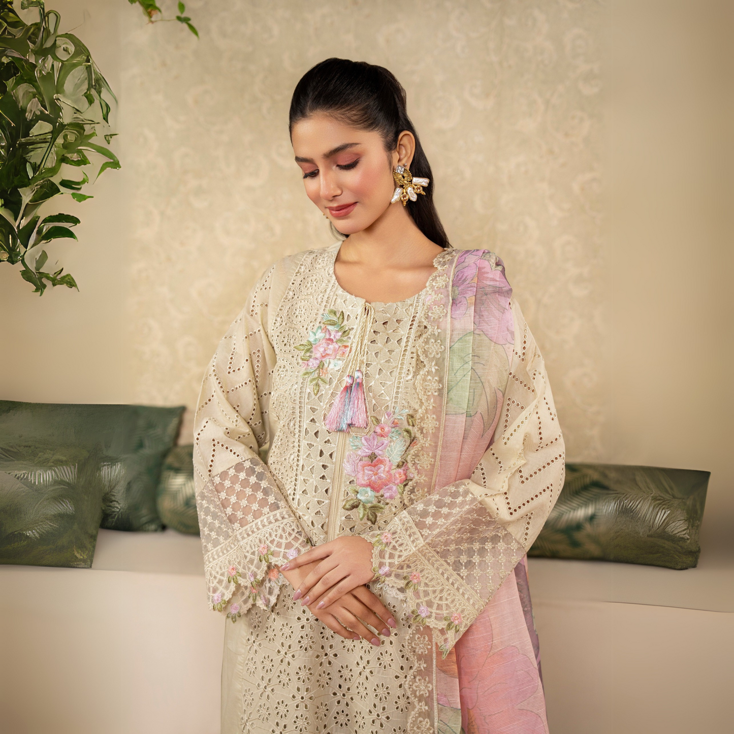 UKC-26 Embroidered Chikenkari Cambric Cotton Ready to Wear 3 Pc - Karma Collection
