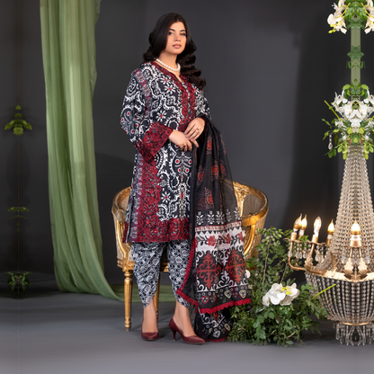 (Black and White) 3 Pc Embroidered Cambric Cotton Ready to Wear Dress | Eid Wear | Heera's