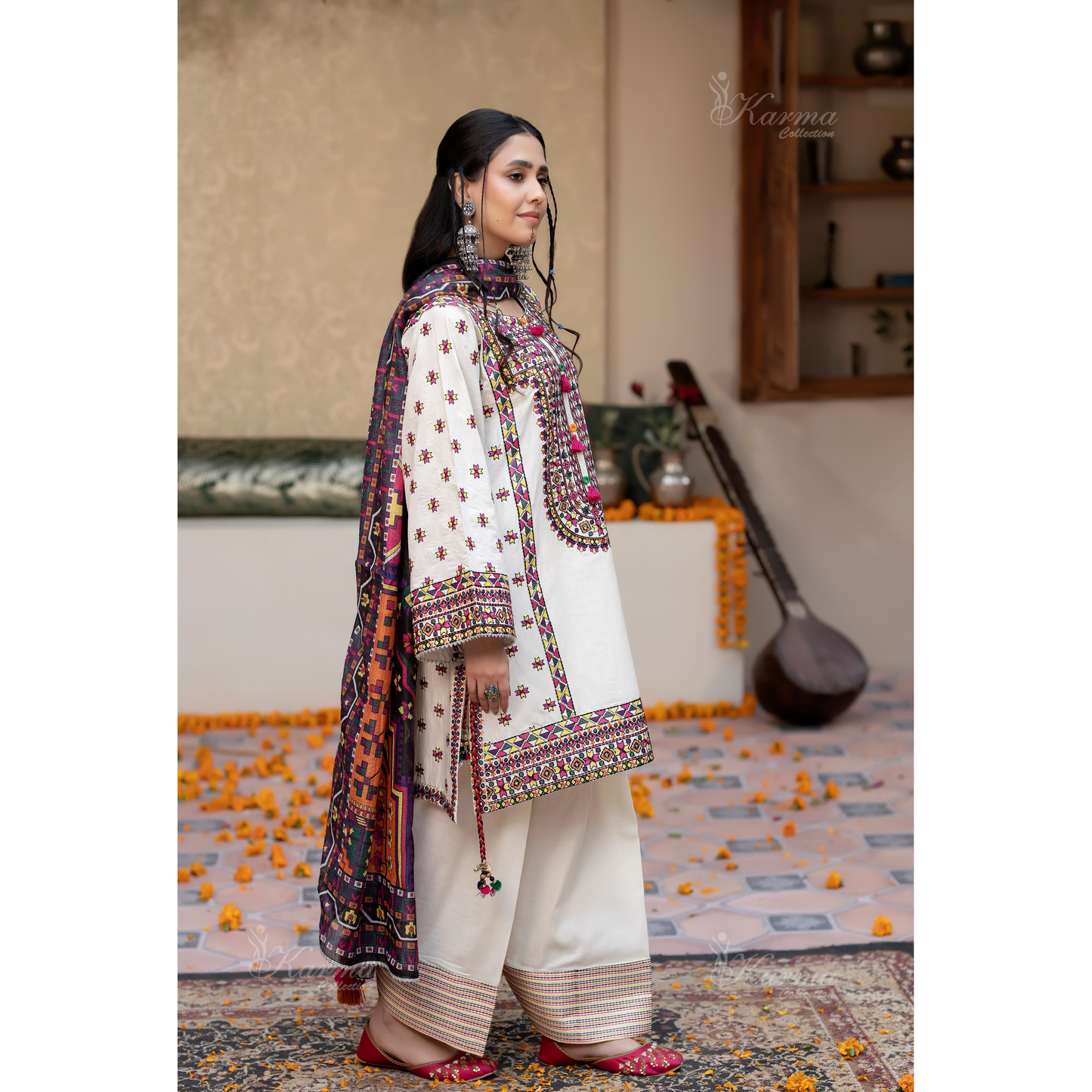 KC-1433 Embroidered Cambric Cotton Farshi Shalwar Kameez Ready to Wear 3 Pc - Karma Collection