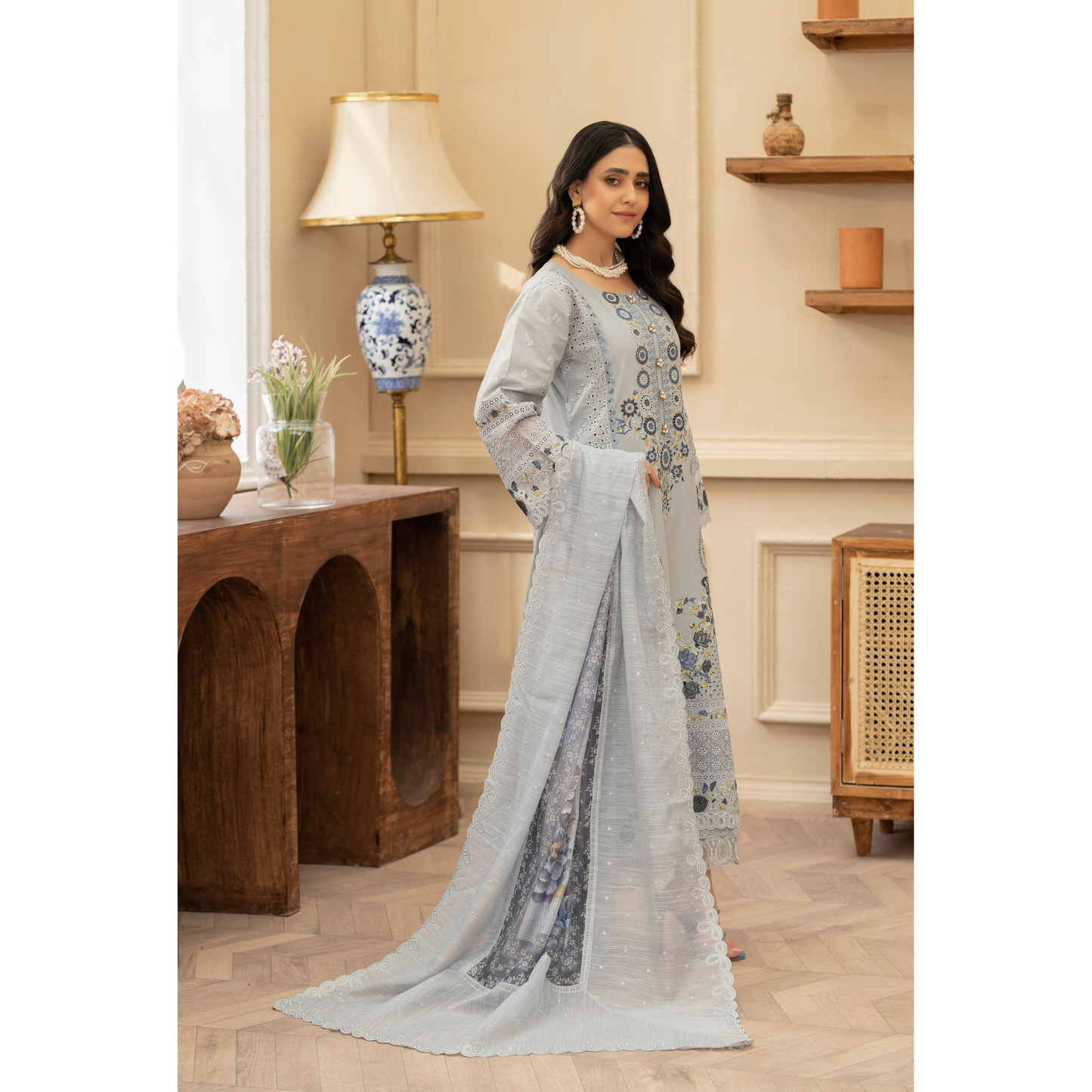 KC-1434 Embroidered Chikenkari Cambric Cotton Dress Ready to Wear 3 Pc - Karma Collection