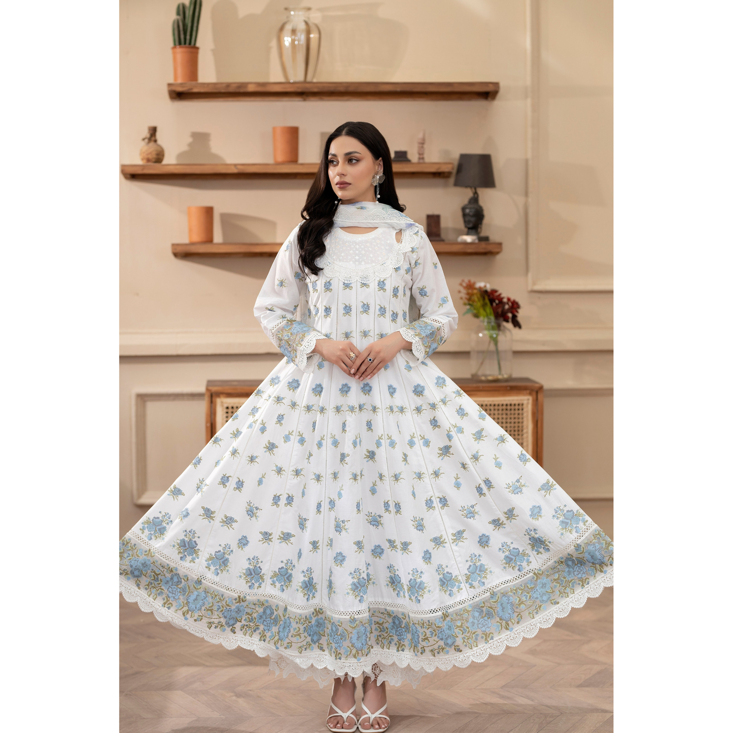 KC-1436 Embroidered Cambric Cotton long Frock Dress Ready to Wear 3 Pc - Karma Collection