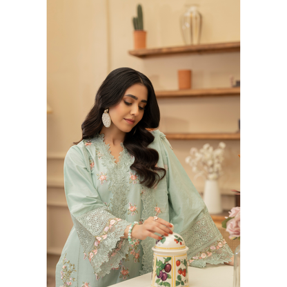 KC-1437 Embroidered Cambric Cotton long Frock Dress Ready to Wear 3 Pc - Karma Collection