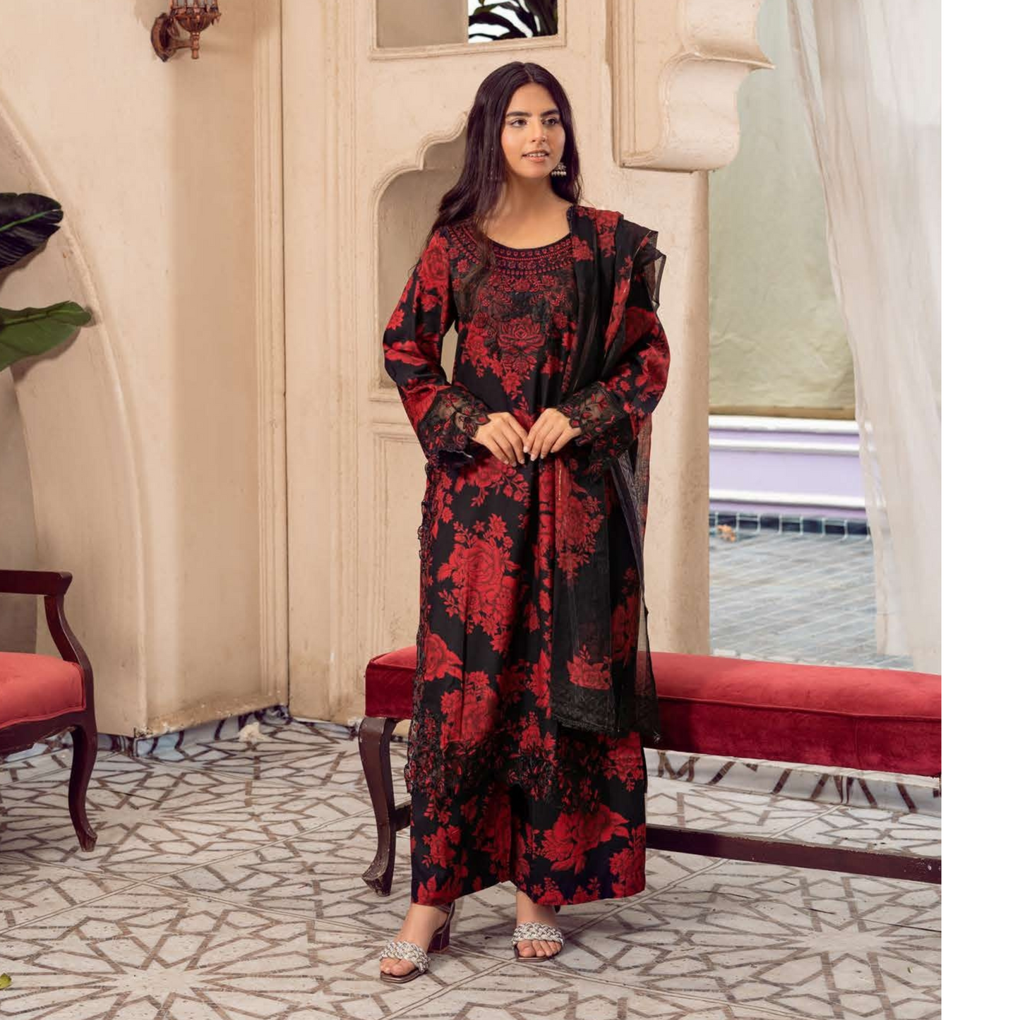 3 Pc Mother n Daughter Linen Embroidered Printed Dress | Festive Collection | Rangz