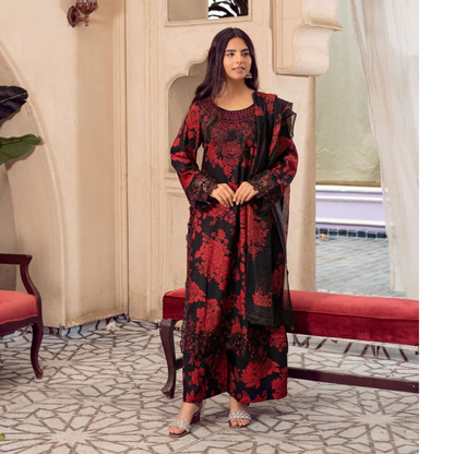 3 Pc Mother n Daughter Linen Embroidered Printed Dress | Festive Collection | Rangz