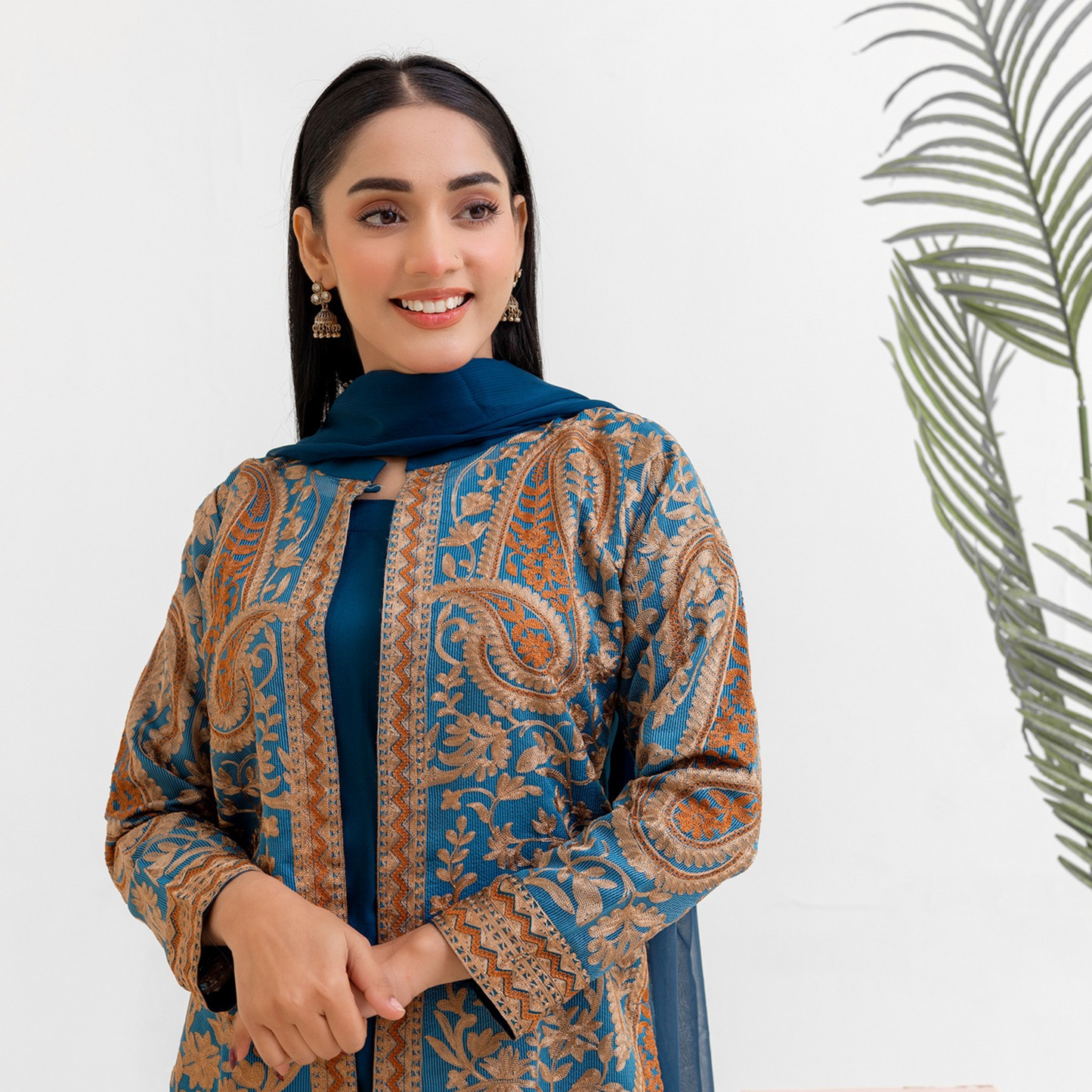UMRZ-44 Embroidered Linen Coat Style Shirt with Pocket Trouser Dress and Chiffon Dupatta 3 Pc |Ready to Wear| Rangz