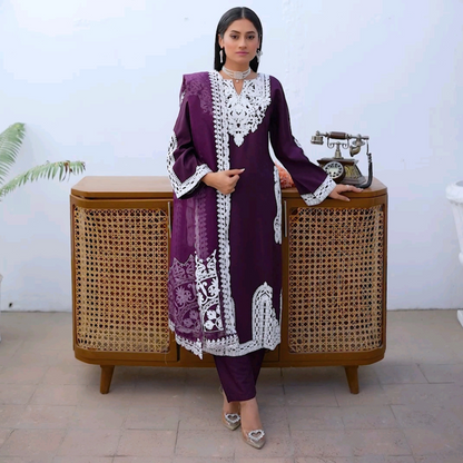 UA-61 Embroidered Viscose Linen 3 Pc Pakistani Dress | UMNAA