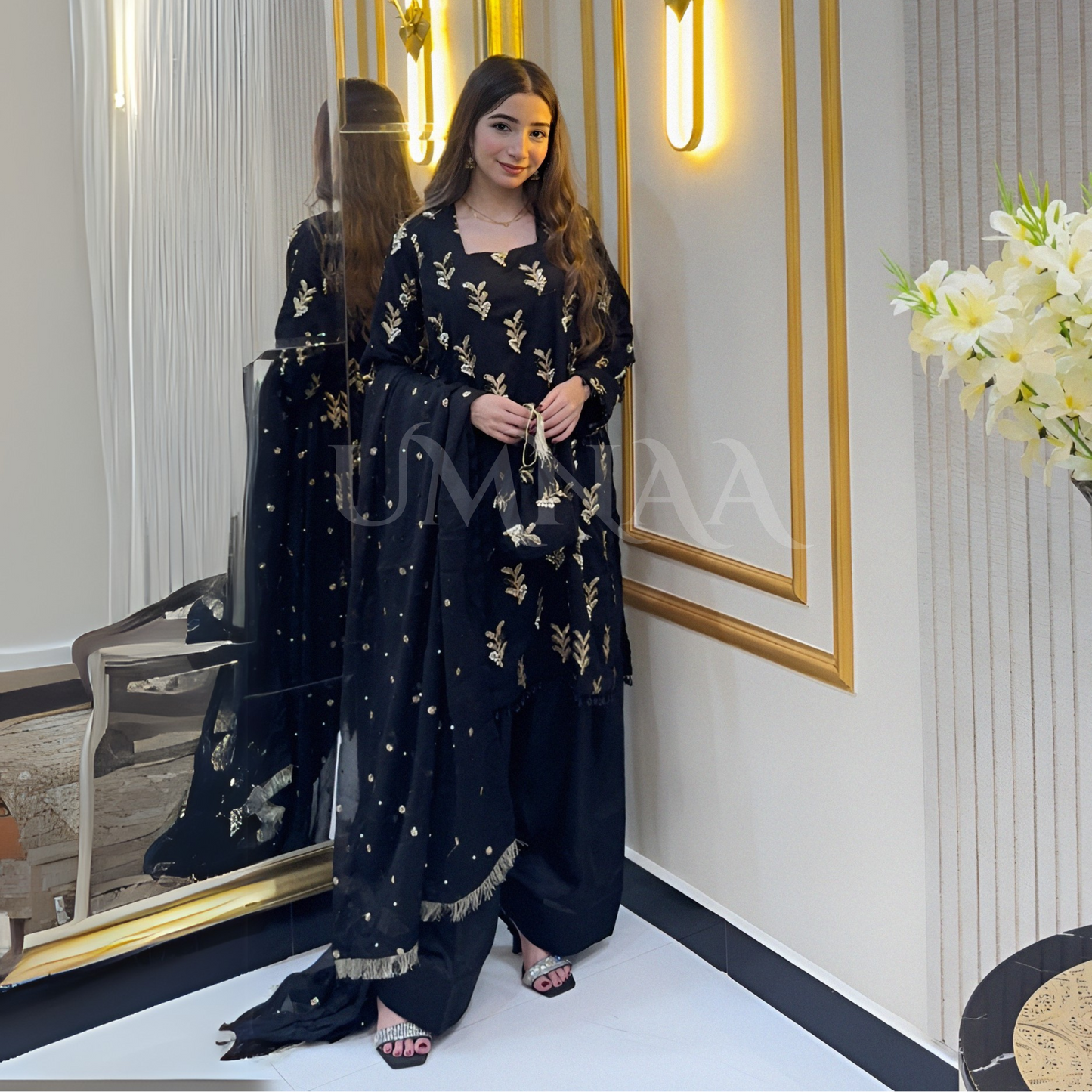 Embroidered Chiffon Luxury Trendy Farshi Shalwar with Potli Festive Collection- Umnaa