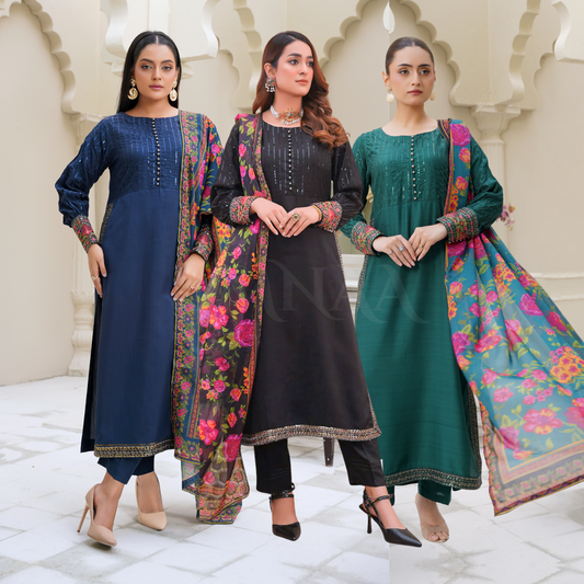 UA-27 Embroidered Viscose Dress & Chiffon Dupatta UMNAA