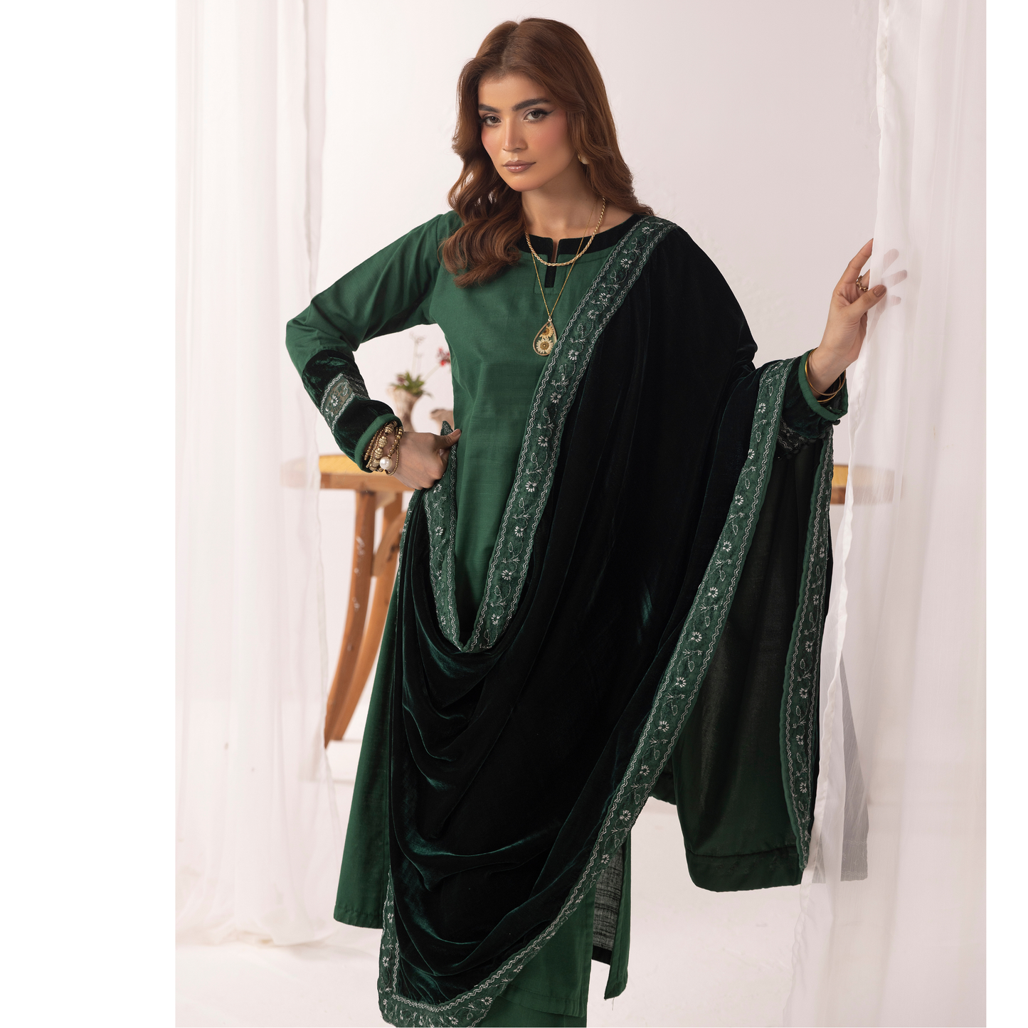 UMS-42 Raqs e bismil khaddar dress with Velvet Shawl by Simrans | Ready to Wear | Asian Clothes