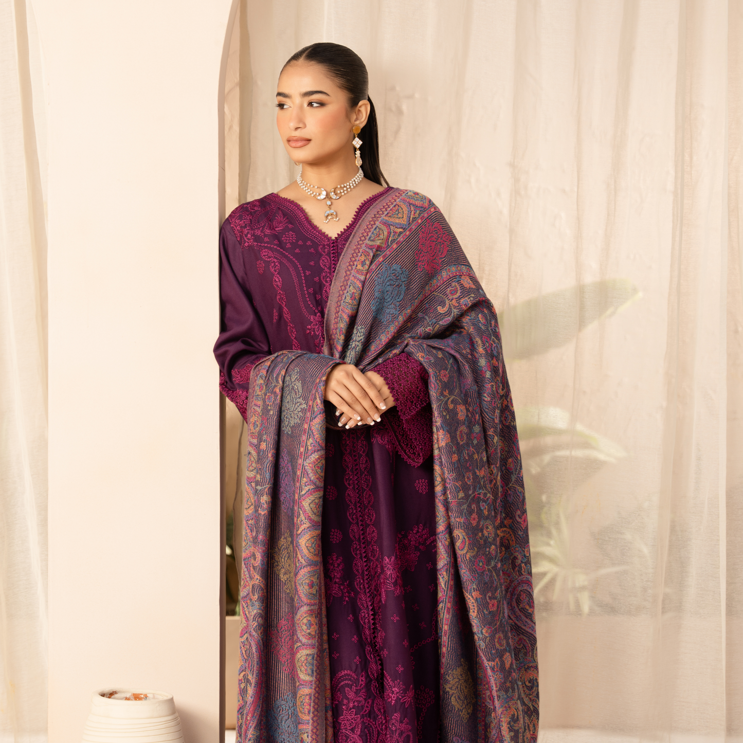 UA-140 Embroidered Dhanak Dress with Pashmina Shawl | Ready to Wear | Asian Clothes