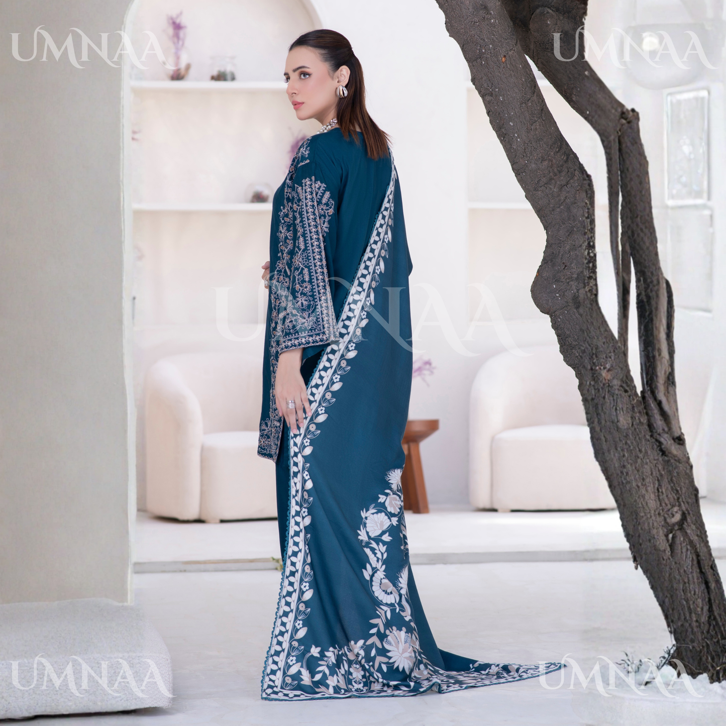 UA-146 Embroidered Linen dress with Pashmina Shawl | Umnaa