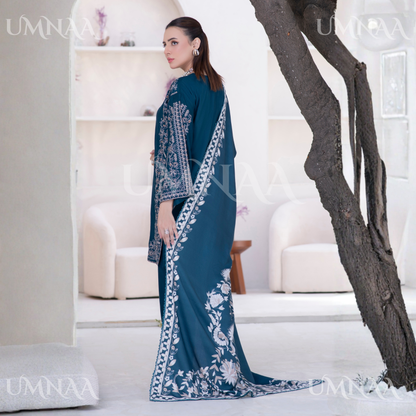 UA-146 Embroidered Linen dress with Pashmina Shawl | Umnaa