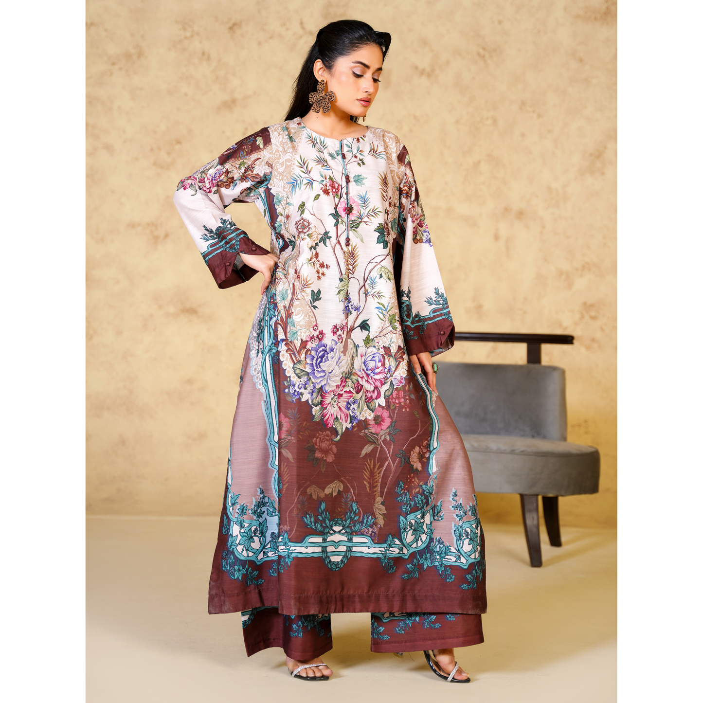 UA-157 Printed Slub Khaddar Kaftan Co-Ord Set | Winter 2 Piece Outfit