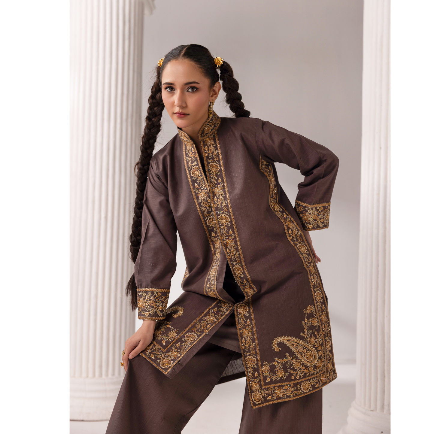 UMS-51 Maria.B inspired Embroidered Khaddar Jacket style dress with chiffon Duppatta by Simrans