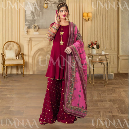 UA-166 Embroidered Chiffon Viral Sharara 3-Piece Collection by Umnaa