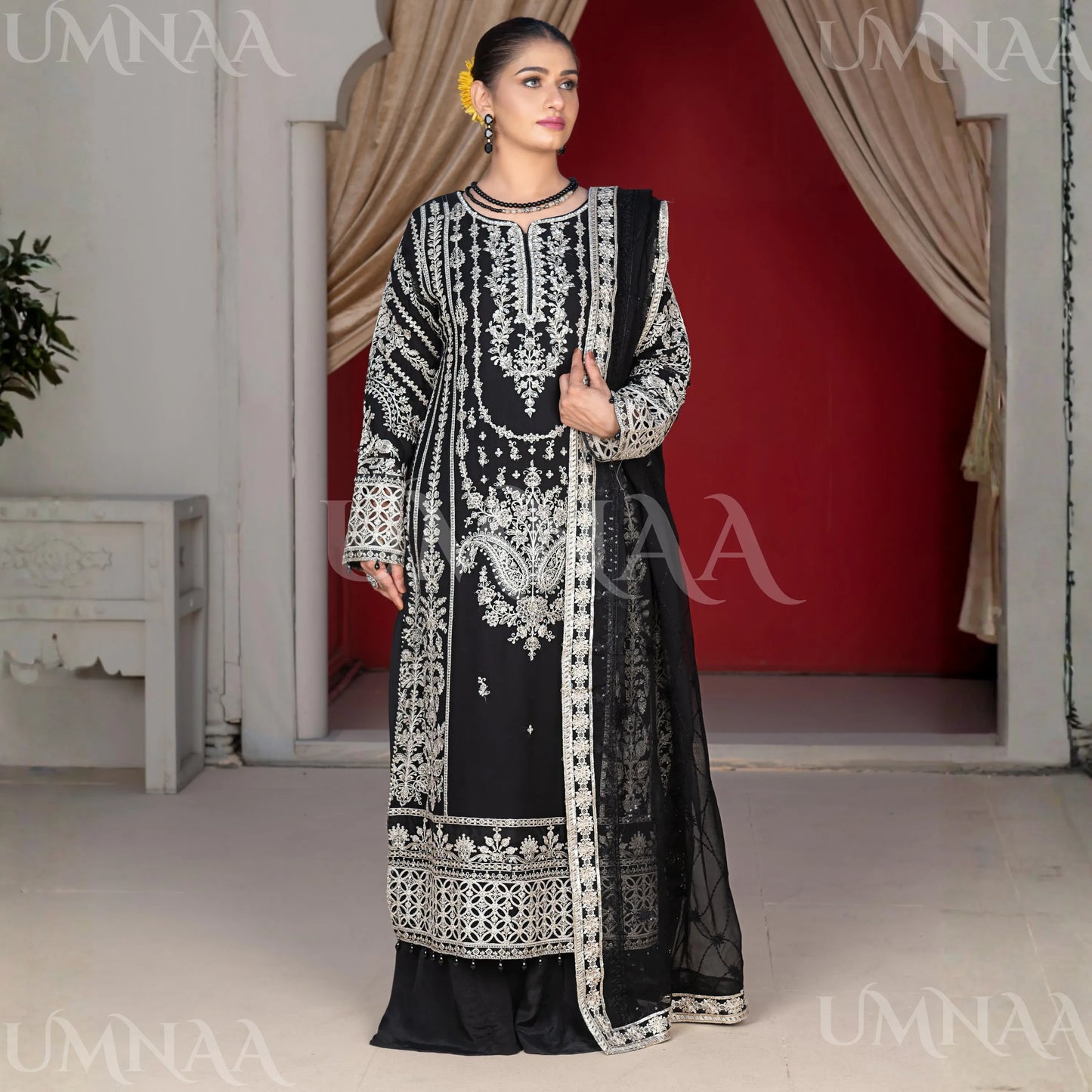 UA-181 Black Embroidered Festive Chiffon Dress by Umnaa