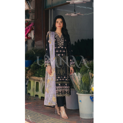 UB-01 3 Pc Embroidered Linen Dress With Cotton Silk Printed Dupatta  By UB