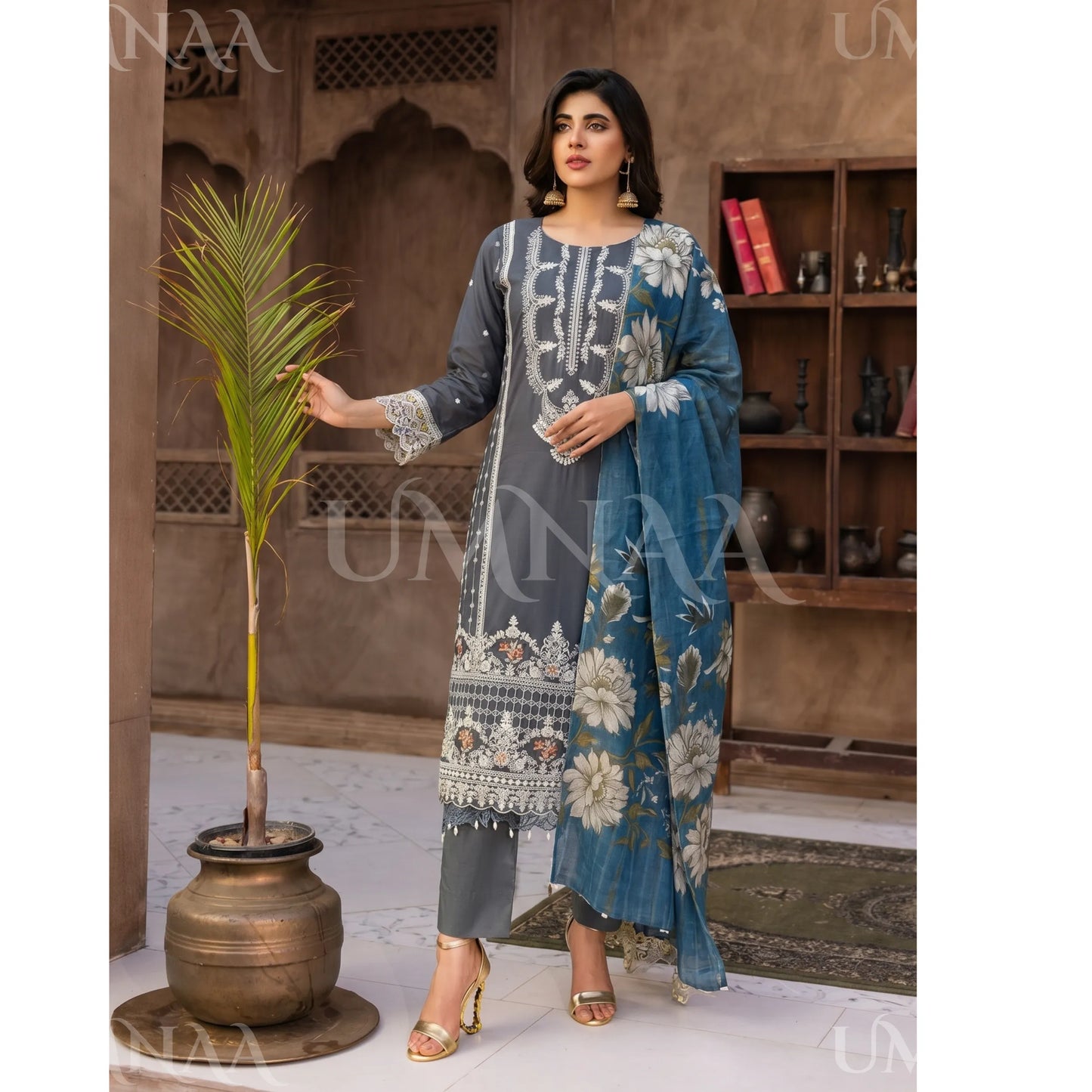 UB-03 3 Pc Embroidered Linen Dress With Cotton Silk Printed Dupatta  By UB
