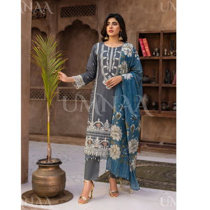 UB-03 3 Pc Embroidered Linen Dress With Cotton Silk Printed Dupatta  By UB