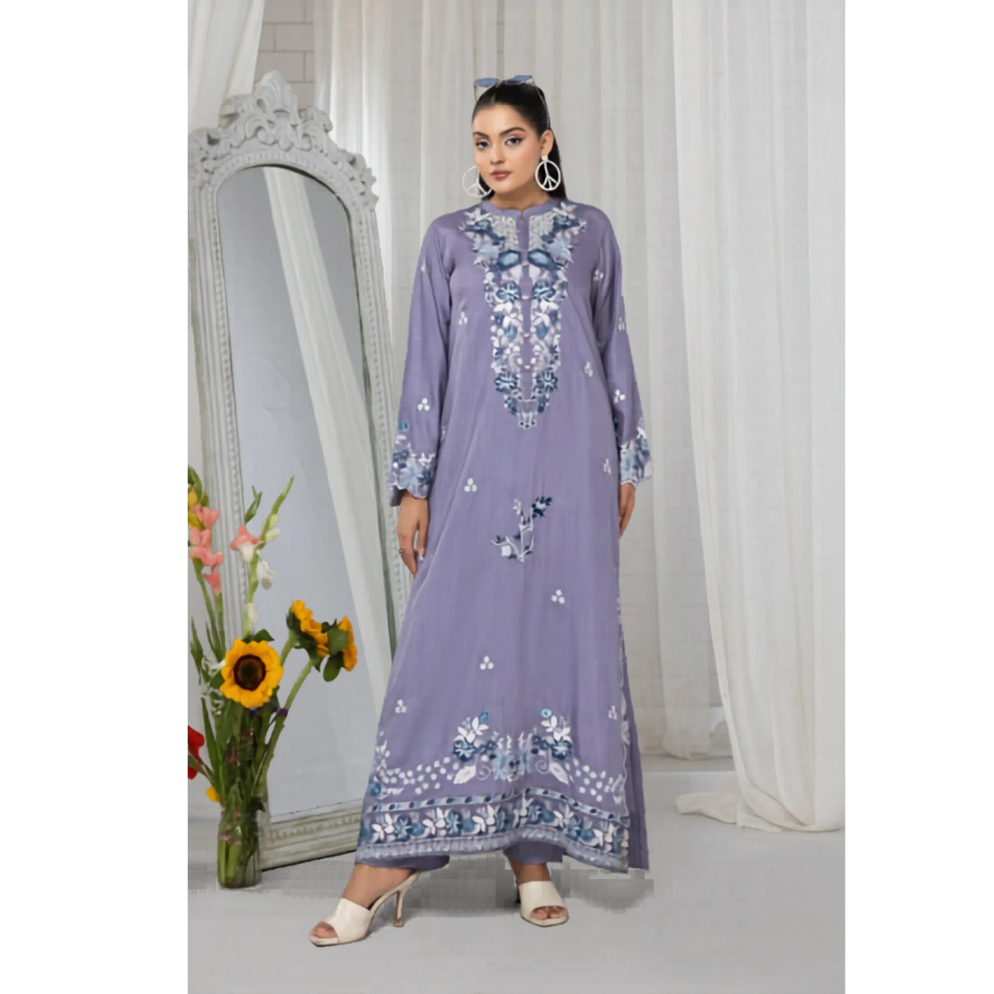 UTT-22 Embroidered Viscose Linen Kaftan Style 2 Piece Co Ord Set Collection by Traditional Thread