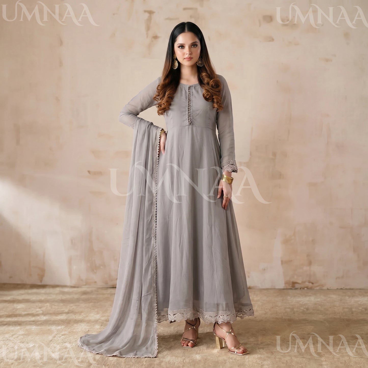 UA-204 Luxury Embroidered Chiffon Frock Collection 3 Pc | Ready to Wear | Umnaa