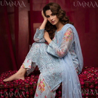 UA-205 Embroidered Chiffon 3-Piece with Printed Lining & Trouser