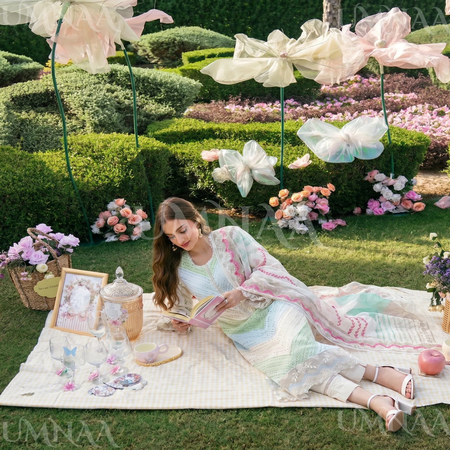 UA-208 Embroidered Chikenkari Cambric Cotton Pastel Festive Collection by Umnaa - Ready to Wear Pakistani Asian clothes
