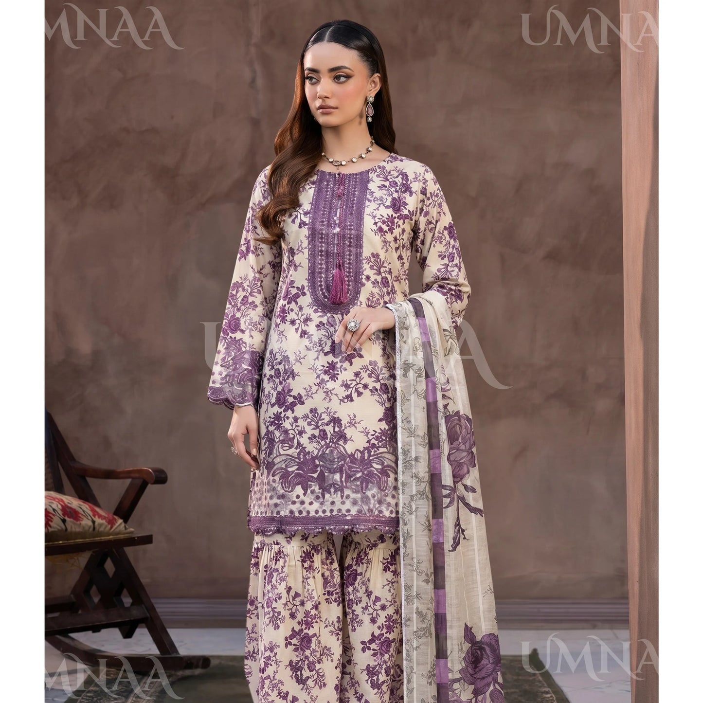 UA-212 Embroidered Printed Slub Poly Lawn Farshi Shalwar Collection by Umnaa | Ready to Wear Pakistani Asian Clothing